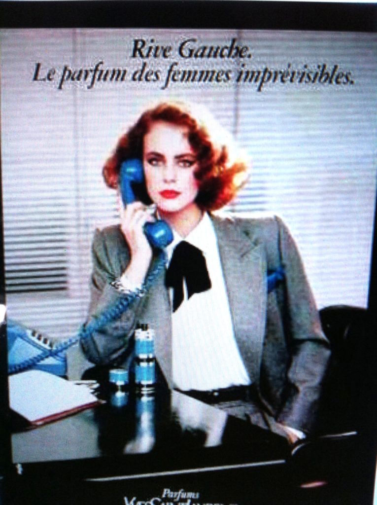 Rive Gauche advert 1980s businesswoman answers a blue office phone; strapline